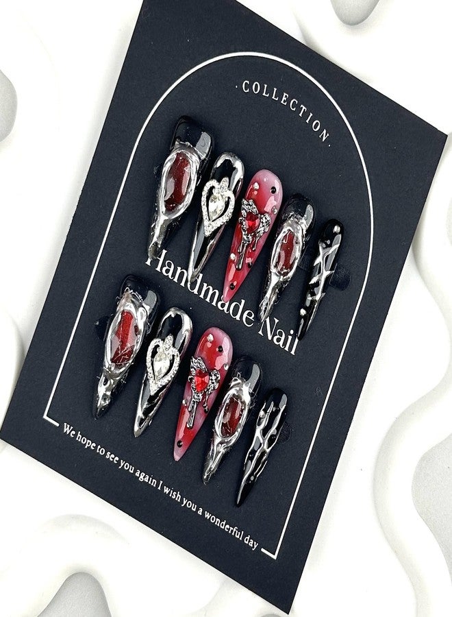Sevgob 100% 5D Handmade Press on Nails with Heart Charms Long Stiletto Nails Press ons- Balck False Nails Ombre Red Press on Nails Halloween Fake Nails for Women Girls Daily Wear DIY Manicure Size M - Image 1